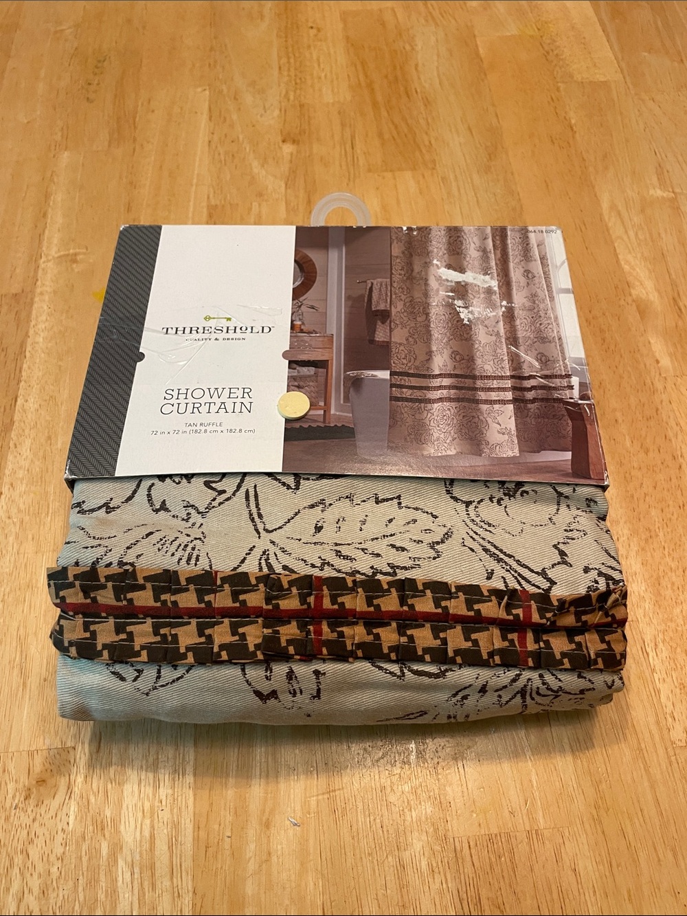 Threshold Taupe and Beige Floral Shower Curtain with Houndstooth Trim